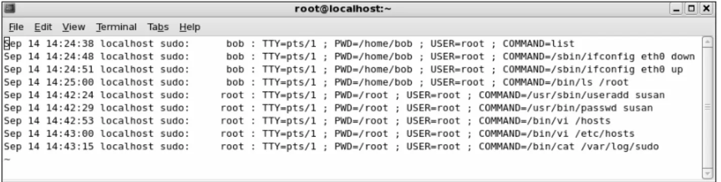 Figure 2.21 Sudo Log File Displaying Root User Commands