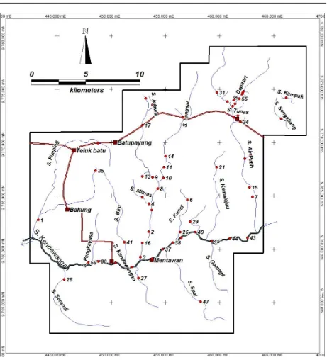 Gambar 15. Peta lokasi percontohan mineral berat di lokasi kerja Desa Pangkalan Batu dan Desa Rangkung