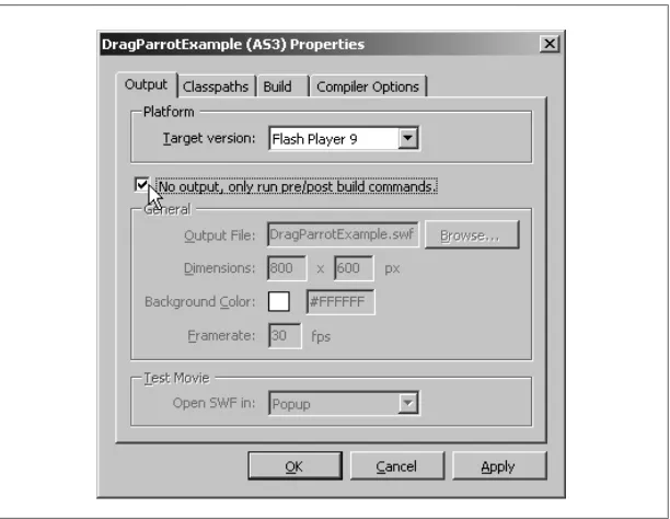 Figure 2-22. Selecting the No output checkbox switches FlashDevelop to the Flashauthoring tool compiler