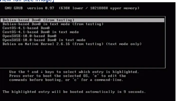 Figure 2.1. LiveCD GRUB menu showing boot choices:Debian-based Dom0 (in text mode or not), CentOS-based