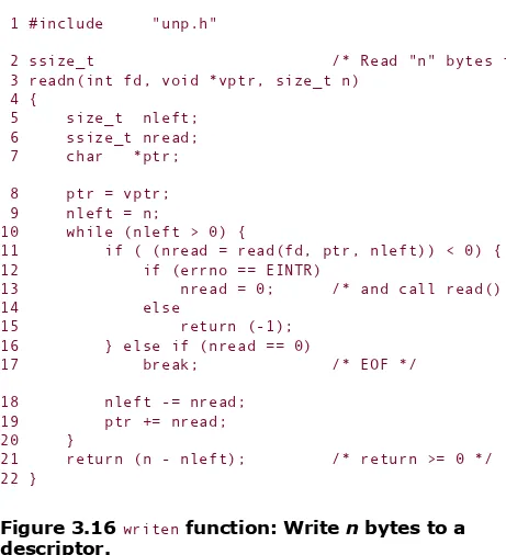 Figure 3.16 writen function: Write n bytes to adescriptor.