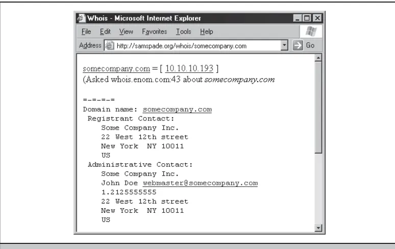 Figure 3-1 Sam Spade’s whois query tool reveals point of contact information about a corporate 