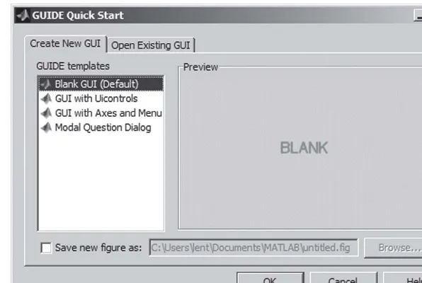 FIGURE 9.2GUIDE window with initially blank GUI panel.
