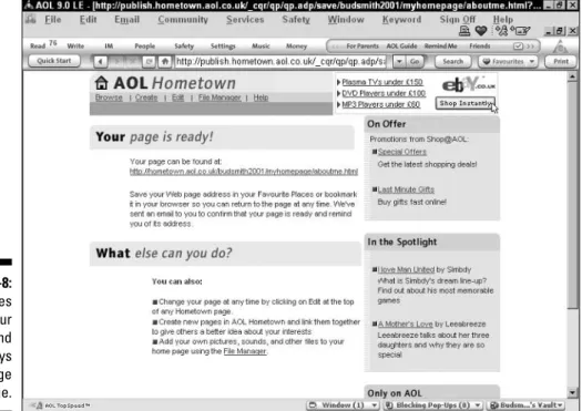 Figure 3-8: AOL gives you your URL and offers ways to change your page.
