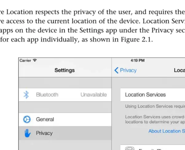 Figure 2.1  Settings.app, Location Services privacy settings.  