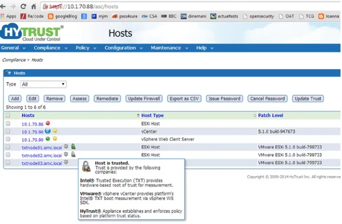 Figure 3-9. HyTrust trust attestation service dashboard indicating two trusted hosts and one untrusted host
