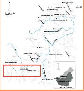 Gambar 1.  Peta distribusi mineralisasi uranium di Kalan, Kalimantan Barat, Lokasi Penelitian di daerah Rabau Hulu [2]