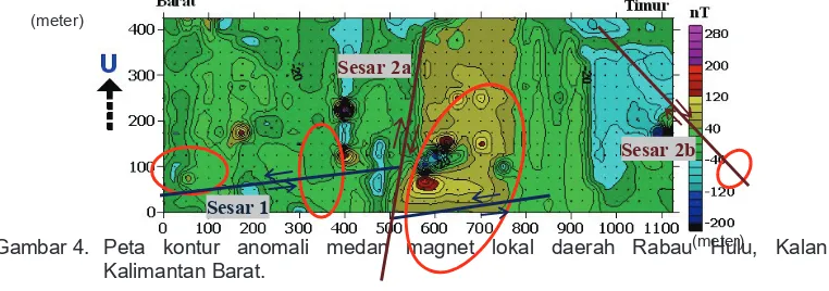 Gambar 4. Peta kontur anomali medan magnet lokal daerah Rabau Hulu, Kalan,  (meter) 