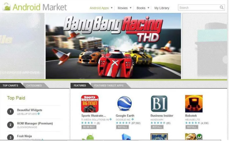 Figure 1-1. A quick peek at the Android Market, from a web browser. Note the Featured section, the Top Paid list, and the slideshow of application ads
