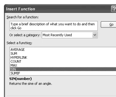 Figure 2-5. The Insert Function dialog box helps you find the function you want and guides you through the creation process