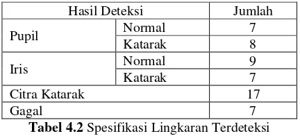 Tabel 4.2 Spesifikasi Lingkaran Terdeteksi 