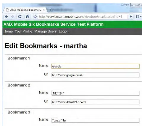 Figure 2-9. The “Edit Bookmarks” screen showing three bookmarks 