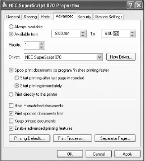 Figure 13-10. Right-click your printer's icon in thePrinters and Faxes window. From the shortcutmenu, choose Properties, then click the Advancedtab, shown here
