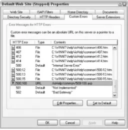 Figure 6-7 shows the Web site properties screen for the IIS default Web site. Each Web site configured in IIS has its own unique properties, so you can set up different custom error display pages for each of your Web sites