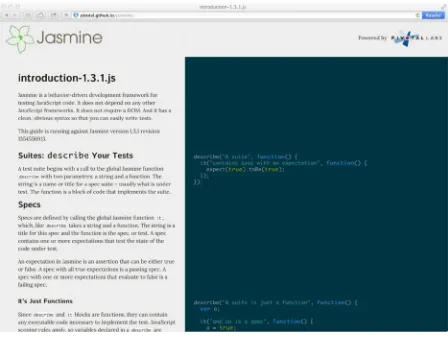 Figure 3-3. The Jasmine unit testing framework project homepage features extensive documentation