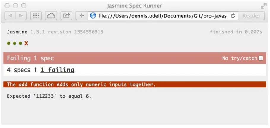 Figure 3-5. Running the spec runner with the unit tests from Listing 3-4 shows that one test fails