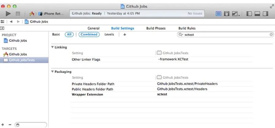 Figure 2-2. The filtered list of build settings shows the XCTest framework linked to the Github Jobs testing target