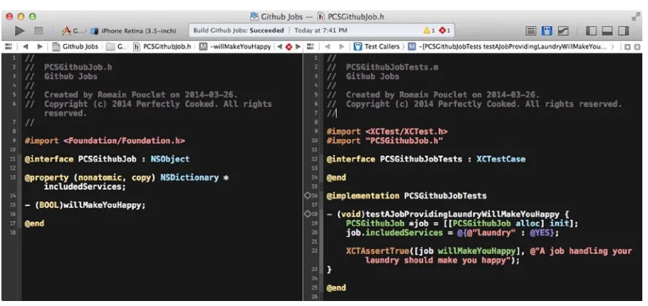 Figure 2-3. Xcode with the primary and the assistant editors opened showing the unit-testing code related to our class