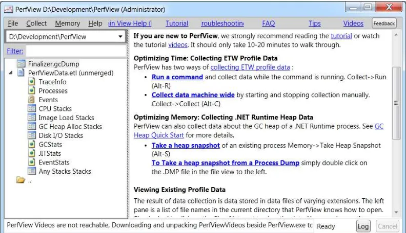 Figure 2-10. PerfView’s main UI. In the file view (on the left) a heap dump and an ETW trace are visible