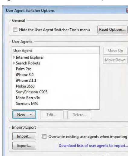 Figure 2-5 is a screenshot of the Options dialog box for User Agent Switcher. 