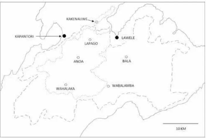 Fig. 2. South-central Buton showing Lambusango Forest. Dashed line = Production forest; dotted line = Conservation forest (information from Widayati & Carlisle, 2012); open circles = sites from which the forest was surveyed