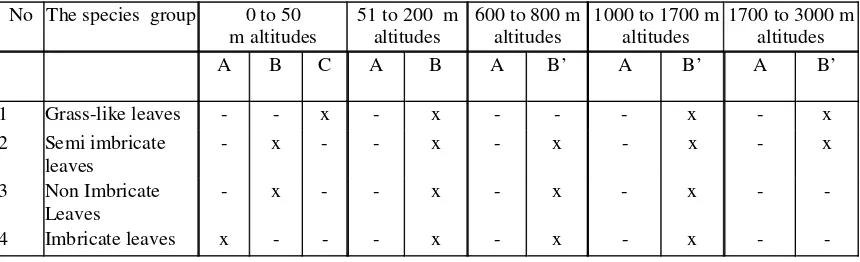 Table 1. Distribution of the members of the infrageneric groups suggested in this current study (A =  secondary forest; B = primary costal forest; B’ = primary forest, C = wet land area)