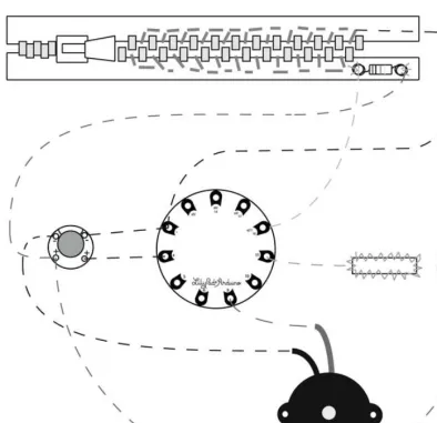 Figure 8-8. The battery holder, piezo, LilyPad, and zipper  