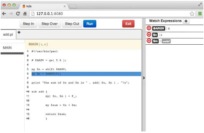 Figure 3-4. The Devel::hdb module lets me debug a program on a remote server throughmy browser