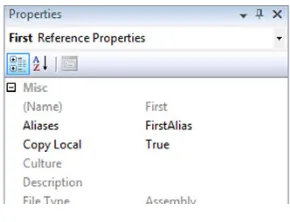 Figure 7.3Part of the Properties window of Visual Studio 2008, showing an extern alias of FirstAlias for the First.dll reference