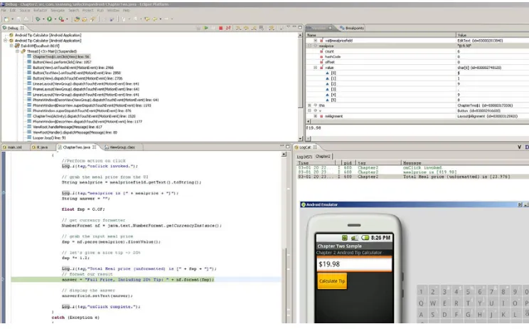 Figure 2.20 The Debug Perspective permits line-by-line stepping through of an Android application.