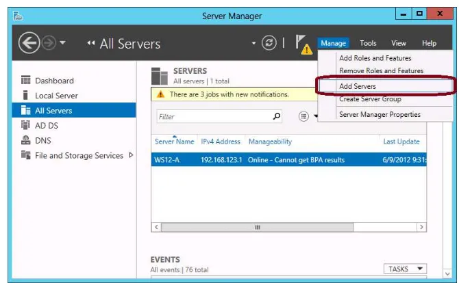 FIGURE 1-4 Adding a remote server to manage in Server Manager. 