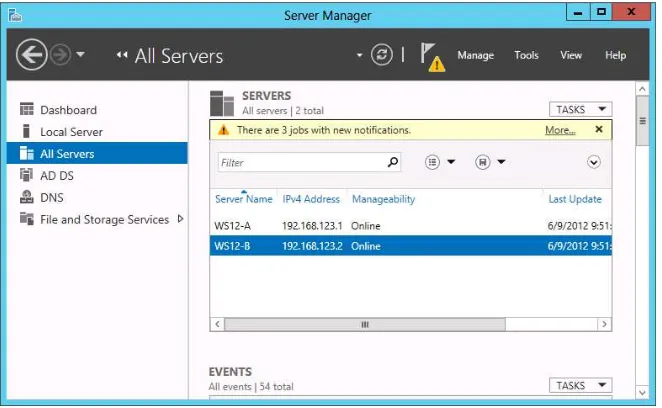 FIGURE 1-5 The remote server WS12-B has been added in Server Manager. 
