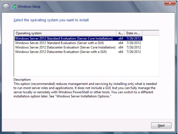 FIGURE 1-8 Windows Server 2012 includes a Server Core option and a Server with a GUI option