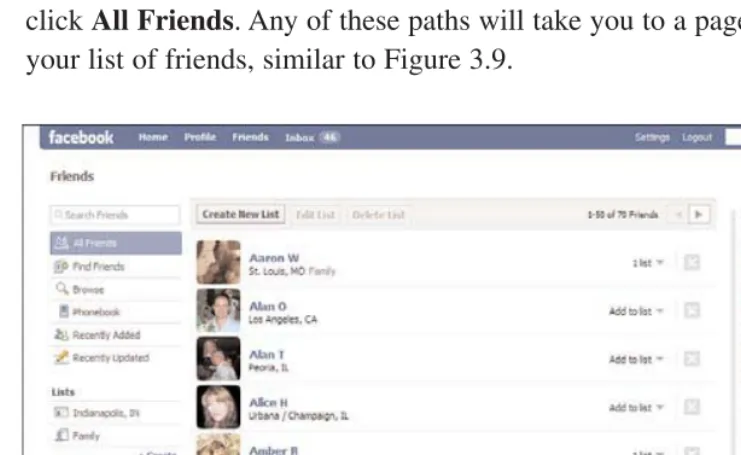 FIGURE 3.9The friends list is simply a page or pages listing all yourFacebook friends.