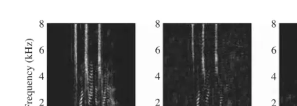 Figure 4.13Spectrogram of the clean speech signal in Figure 4.1 (left) and of two enhanced signals(center: white Gaussian noise, right: babble noise)