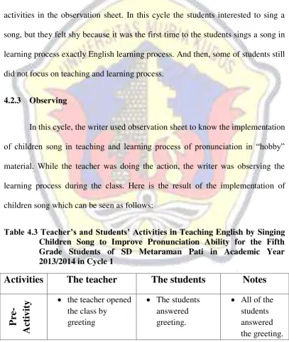 Table 4.3 Teacher’s and Students’ Activities in Teaching English by Singing 
