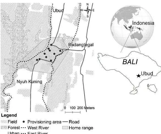 Fig. 1 The study site Padangtegal Monkey Forest with the overall home range of the long-tailed macaque(Macaca fascicularis) population in 2012 and surrounding landscape and villages