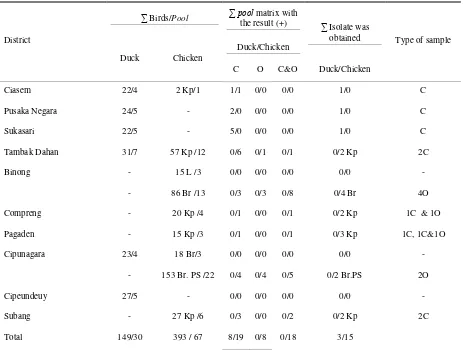 Table 2. The number of birds and pool sample from 10 subdistricts in Subang with rRT-PCR M test results and number of NDV isolates with antibody titre from individual of NDV detected 