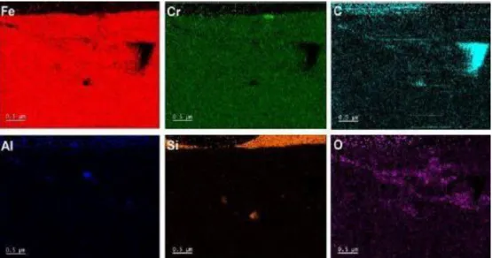 Figure 7 EDX maps on 0.5 m surface depth of 73Fe24Cr2Si0.8Mn0.1Ni ferritic steel specimen  EDX semi quantitative maps show the concentration of each identified elements (in percentage  weight)