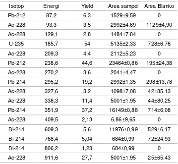 Tabel 4  Data Hasil Perhitungan Aktivitas radionuklida  dalam sampel batuan 