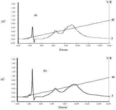 Figure 3. Profile of chromatogram of goat milk hydrolyzed by protease Bacillus sp at 55o C pH 11 for 30 minutes (a) and 60 minutes (b), separation was done using RP-HPCL with gradient 0,1% TFA in deionized water (A soluble) and 0,1% trifluoroacetic acid (TFA) in acetonitrile (ACN) (B soluble) with water flowrate by 1μl/minute at λ 215 nm  