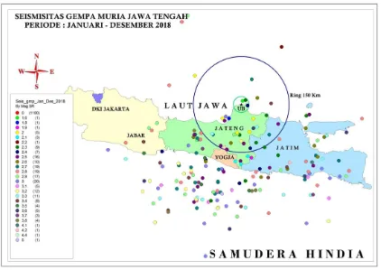 Gambar 3. 8. Peta sebaran kegempaan di sekitar tapak Semenanjung Muria radius 150 km 