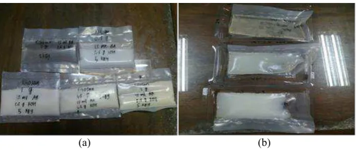 Figure 1. Superabsorbent hydrogel (a) variation of chitosan (b) variation of gamma              irradiation dose with 0,5 g of chitosan 