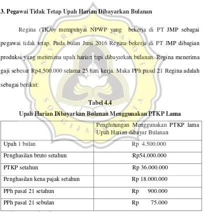 Tabel 4.4 Upah Harian Dibayarkan Bulanan Menggunakan PTKP Lama 