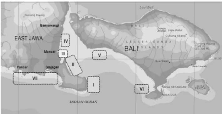 Gambar 1. Daerah penangkapan ikan lemuru (S.lemuru) di Selat BaliFigure 1.  Fishing ground of Bali sardinella (S.lemuru) in Bali Strait watersKeterangan/Remarks:Zona I: Karang Ente, Tanjung Pasir, Ujung Angguk;Zona II: Sembulungan, Anyir, Watu Layar, Sekeben, Senggrong, Klosot, Prepat, Lampu Kelip, Kapal pecah;Zona III: Teluk Pang-pang (khusus bagan);Zona IV: Blimbing Sari, Bomo;Zona V: Pengambengan, Kayu Gede;Zona VI: Bukit, Benoa, Jimbaran, Pemancar;Zona VII: Grajagan, Pancer, Watu loro (Samudera Hindia).