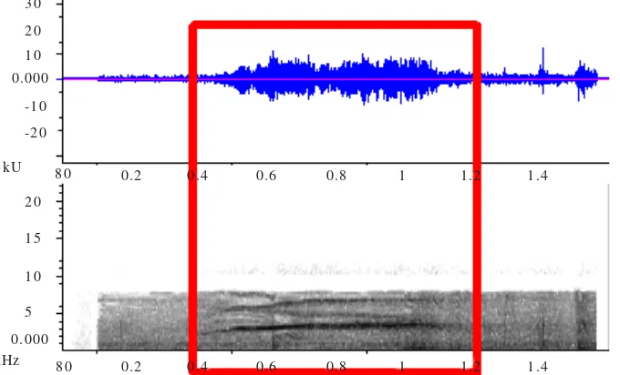 Figure 9. Sound analysis of “ngeeeeeyooo” call by wavegram and spectrogram.