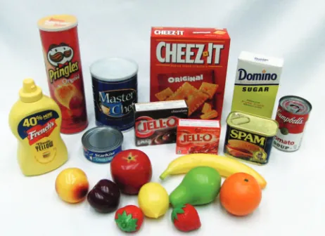 Figure 2. The kitchen items in the YCB object set. Back row, from left: a pitcher, a container of bleach cleanser, and a container of glass cleaner