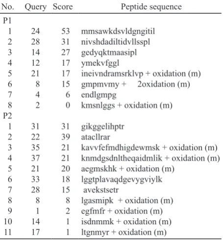 Table 1. The sequence of eight amino acid peptide from the gel bands first (P1) and the amino acid sequence of eleven peptides from gel bands second (P2) results from Malditof-Tof
