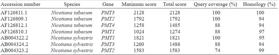 Table 4.  Homology comparison between the Ntpmt_Sindoro1 nucleotide sequence and nucleotide sequences of PMT accessions that have been deposited in the NCBI gene bank database