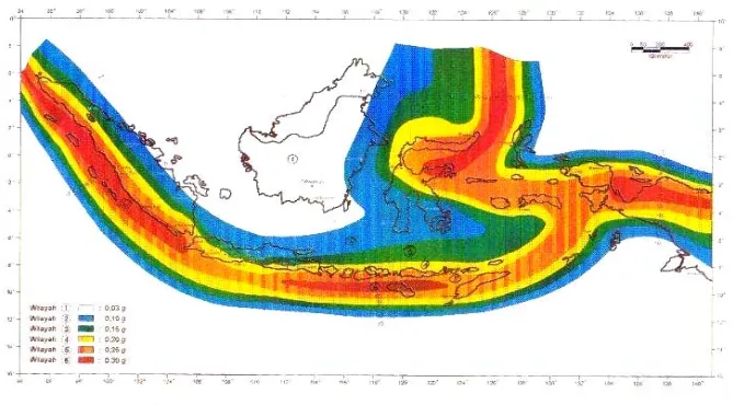 Gambar 2.3 Wilayah Gempa Indonesia dengan percepatan puncak batuan dasar dengan perioda ulang 500 tahun [3] 